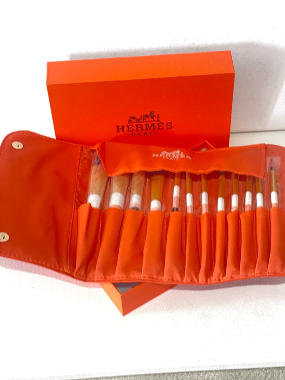 NIB Hermès Orange Leather Makeup Brush Set with Case GWP